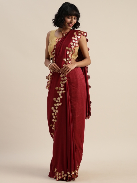 Sugathari Maroon Solid Poly Silk Saree with Sequins