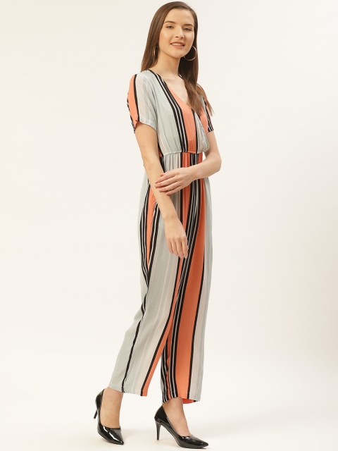 Trend Arrest Women Peach-Coloured & Blue Striped Basic Jumpsuit