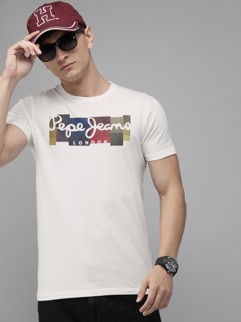 Pepe Jeans Men White Printed Pure Cotton Round Neck T-shirt