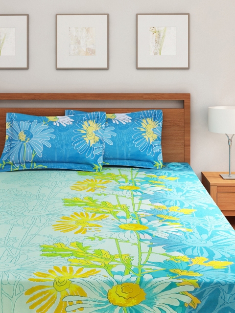 Portico New York Blue Cotton Double Bedsheet with 2 Pillow Covers