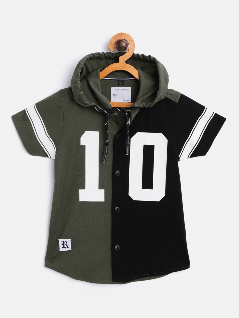 RUFF Boys Olive Green & Black Slim Colourblocked Hooded Casual Shirt with Printed Detail
RUFF Boys Olive Green & Black Slim Colourblocked Hooded Casual Shirt with Printed Detail