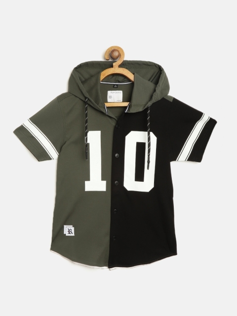 RUFF Boys Olive Green & Black Slim Colourblocked Varsity Print Hooded Knit Casual Shirt
RUFF Boys Olive Green & Black Slim Colourblocked Varsity Print Hooded Knit Casual Shirt