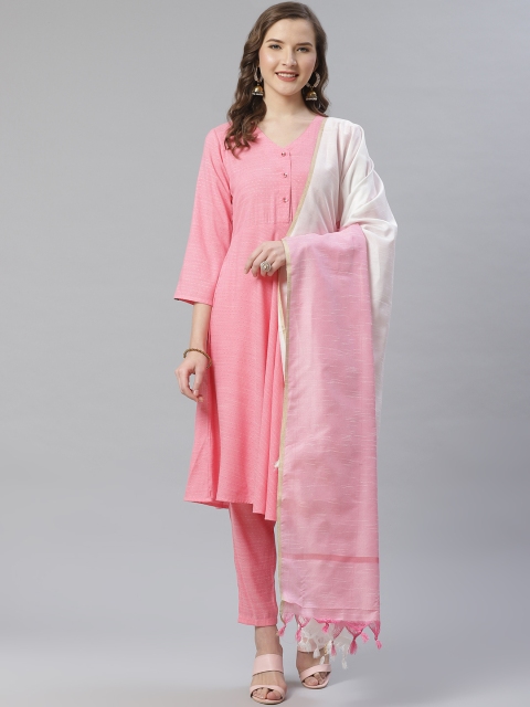 Jompers Women Pink & White Self Design Kurta with Trousers & Dupatta