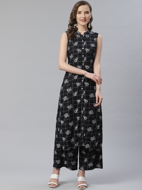 Jompers Women Black & White Floral Printed Kurta with Palazzos