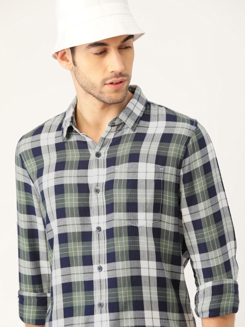 SINGLE Men Green & White Slim Fit Checked Casual Shirt