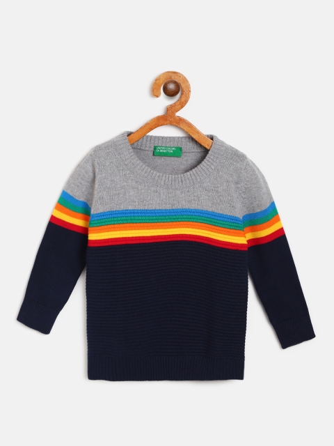 United Colors of Benetton Boys Grey Melange & Navy Striped Pullover