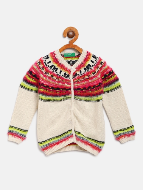 United Colors of Benetton Girls Off-White Striped Fuzzy Detail Cardigan
