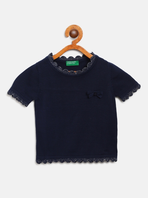 United Colors of Benetton Girls Navy Blue Solid Scalloped Edges Winter Top