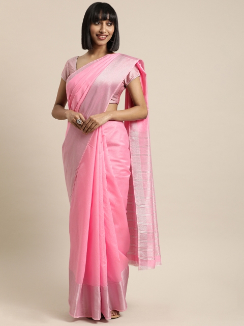 Mitera Pink Solid Cotton Blend Saree