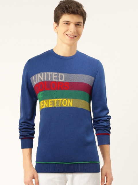 United Colors of Benetton Men Blue Striped Pullover