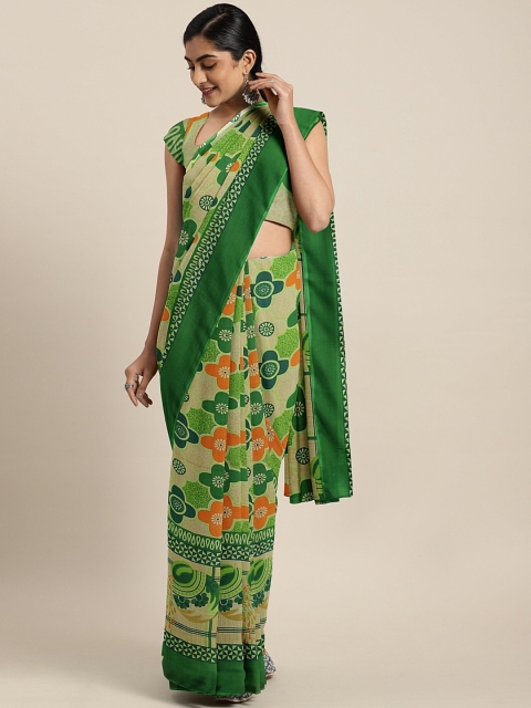 KALINI Beige & Olive Green Pure Georgette Ethnic Printed Saree
