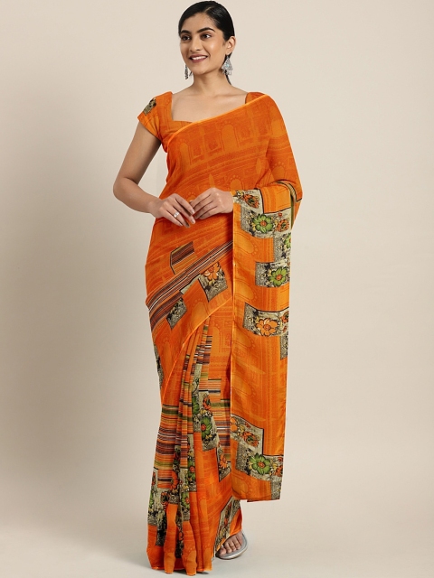 KALINI Orange Printed Pure Georgette Saree