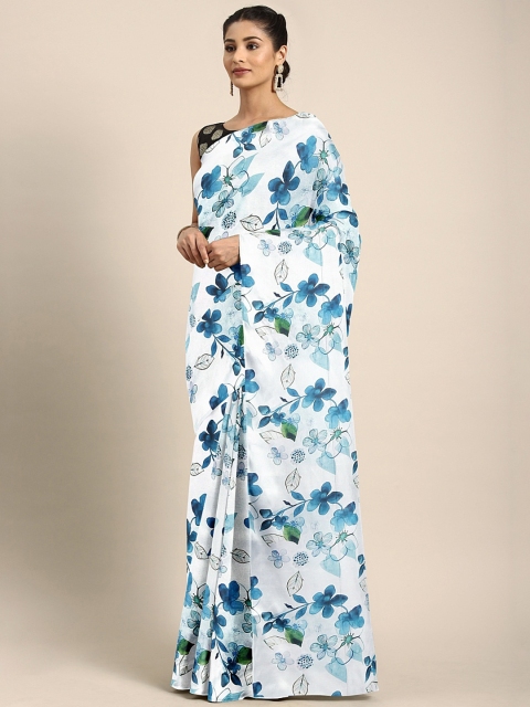 KALINI White & Blue Silk Blend Floral Printed Saree