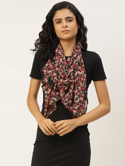 WISSTLER Women Black & Pink Floral Printed Stole