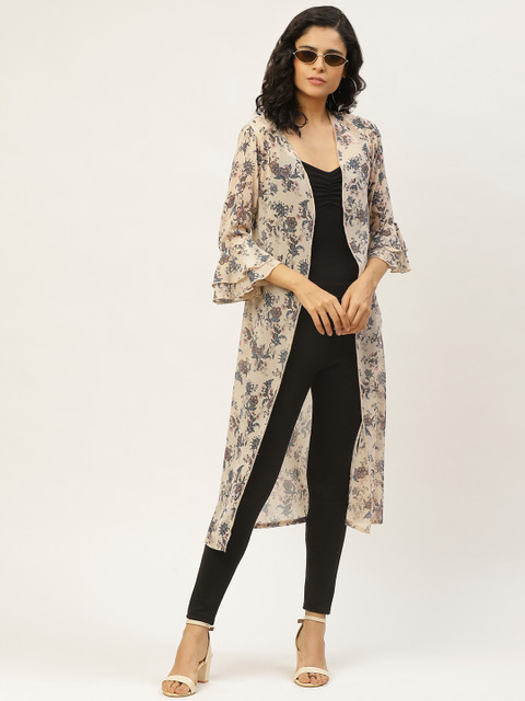 WISSTLER Women Beige & Blue Floral Printed Longline Open Front Shrug 
WISSTLER Women Beige & Blue Floral Printed Longline Open Front Shrug