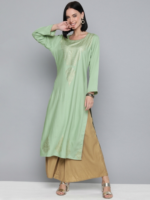 HERE&NOW Women Sea Green & Gold-Toned Printed Straight Kurta