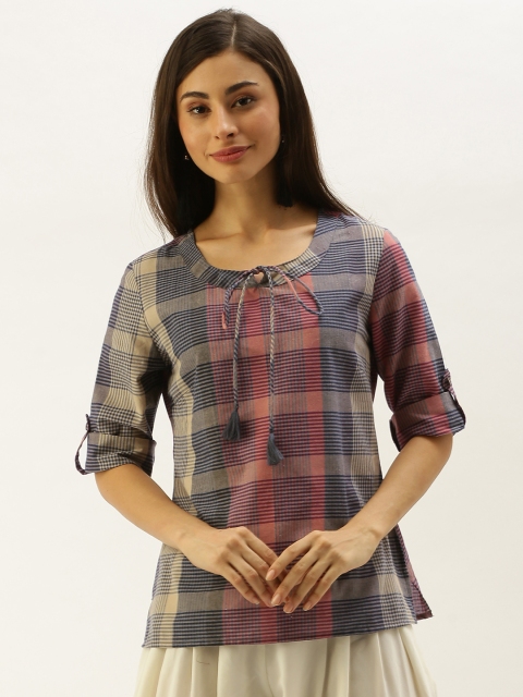 Taavi Women Beige & Navy Blue Woven Legacy Checked Pure Cotton Top with Tie-Ups & Roll-Up Sleeves
Taavi Women Beige & Navy Blue Woven Legacy Checked Pure Cotton Top with Tie-Ups & Roll-Up Sleeves