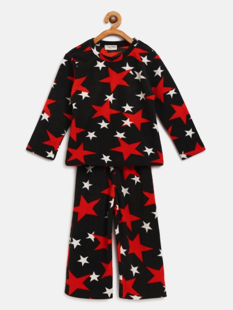 CrayonFlakes Girls Black & Red Star Print Fleece Night Suit