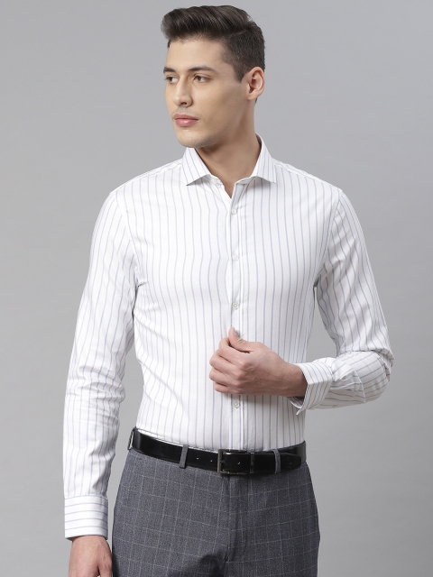 Marks & Spencer Men White & Blue Slim Fit Striped Formal Shirt