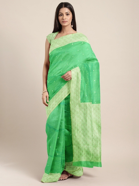 Neerus Green Striped Silk Cotton Saree