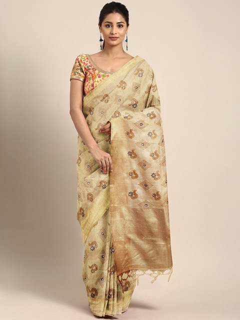Neerus Beige & Brown Tissue Printed Saree