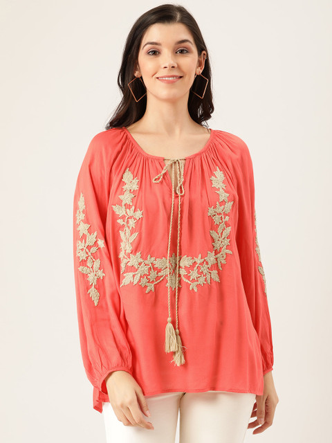 QUIERO Women Coral Pink & Beige Embroidered Top
QUIERO Women Coral Pink & Beige Embroidered Top