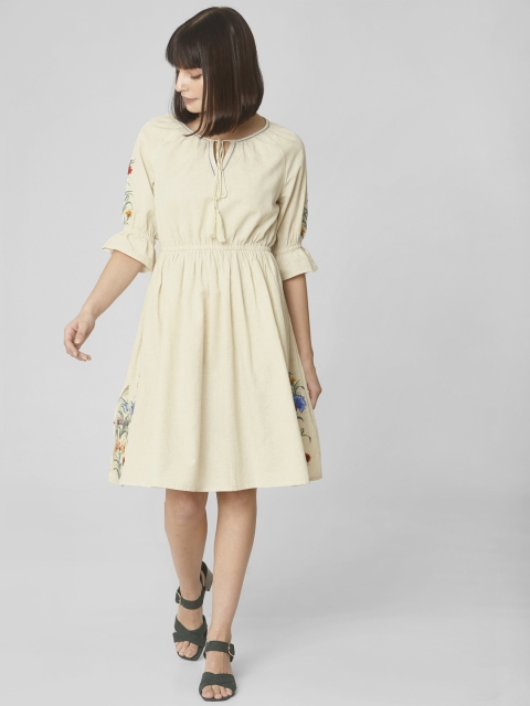 Vero Moda Women Beige Floral Printed A-Line Dress