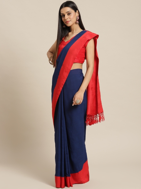Biswa Bangla Navy Blue & Red Solid Handwoven Saree