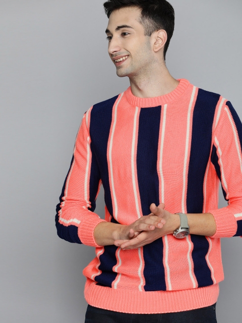 Mast & Harbour Men Peach-Coloured & Navy Blue Colourblocked Acrylic Pullover Sweater