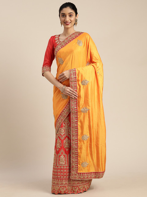 Om Shantam Sarees Mustard Yellow & Red Silk Blend Embroidered Saree
Om Shantam Sarees Mustard Yellow & Red Silk Blend Embroidered Saree