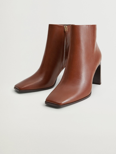 MANGO Women Tan Brown Solid Mid-Top Heeled Boots