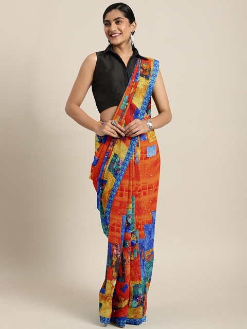 KALINI Orange & Blue Pure Georgette Printed Saree