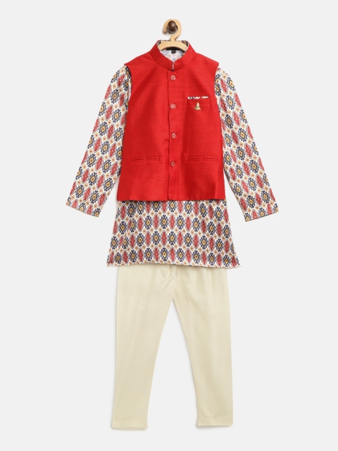 Readiprint Fashions Boys White & Red Printed Straight Kurta with Pyjama & Nehru Jacket
Readiprint Fashions Boys White & Red Printed Straight Kurta with Pyjama & Nehru Jacket