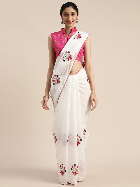 Mitera White & Pink Cotton Blend Embroidered Chanderi Saree
Mitera White & Pink Cotton Blend Embroidered Chanderi Saree