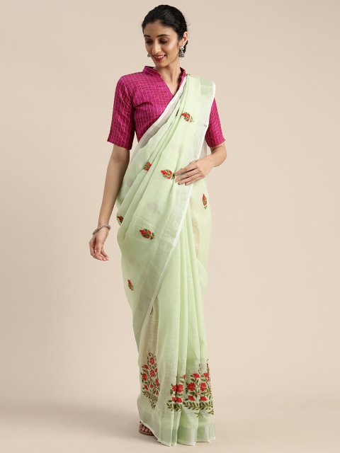 Mitera Green Floral Embroidered Linen Blend Saree