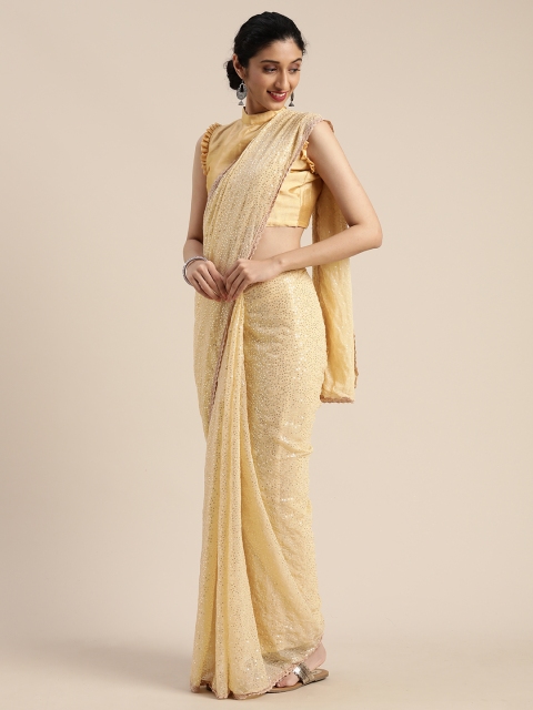 Mitera Beige Poly Georgette Embroidered Kanjeevaram Saree