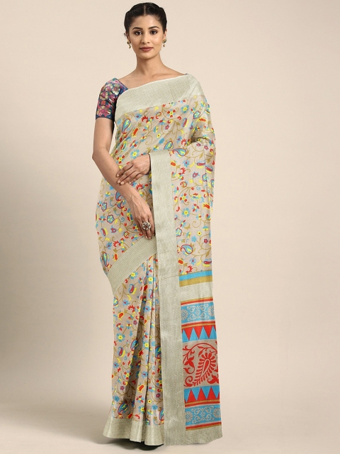 KALINI Beige Silk Blend Printed Kanjeevaram Saree