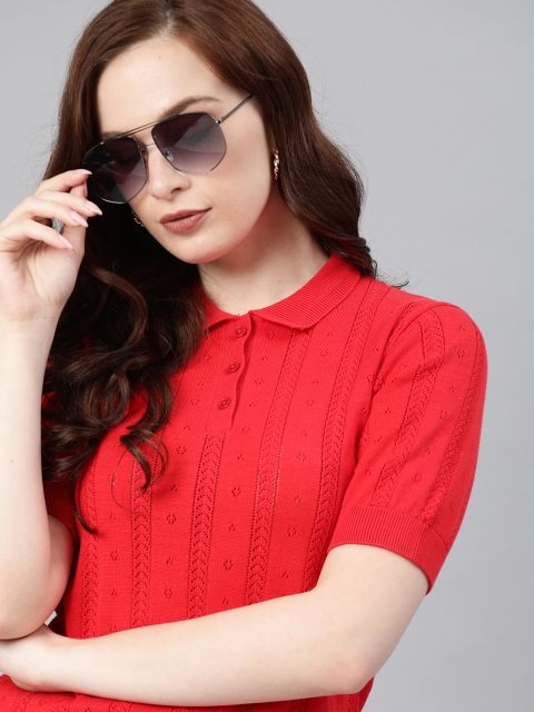 ONLY Women Red Self Striped Pullover Sweater