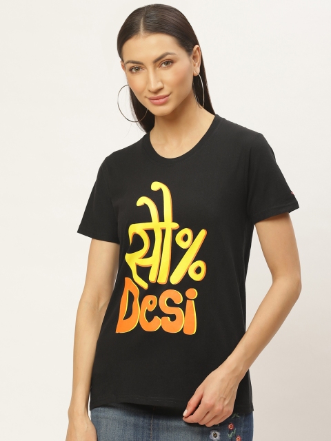 PRINTOCTOPUS Women Black & Orange Typography Print Round Neck T-shirt