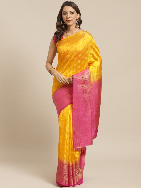 Shaily Mustard Yellow & Pink Woven Design Saree