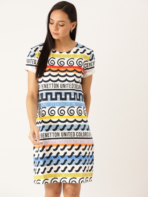 United Colors of Benetton Women White & Blue Printed T-shirt Dress