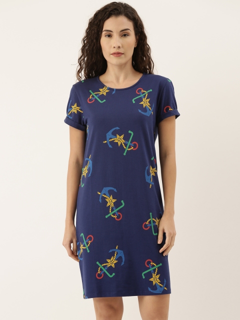 United Colors of Benetton Women Navy Blue & Yellow Nautical Printed T-shirt Dress