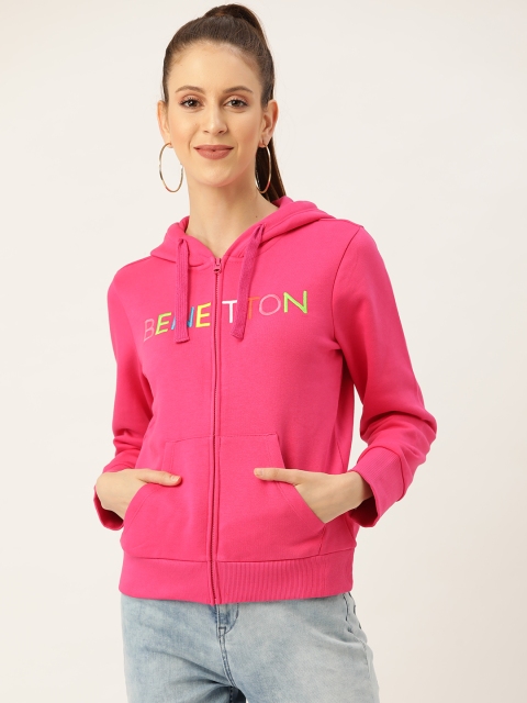 United Colors of Benetton Women Pink Solid Hooded Sweatshirt