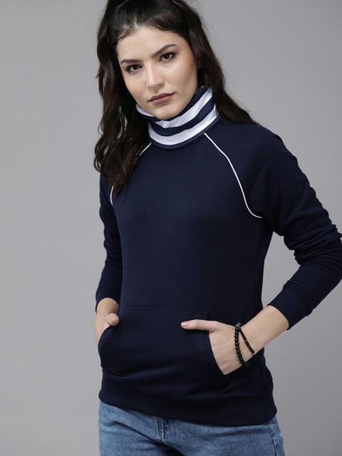 Roadster Women Navy Blue Solid Round Neck Sweatshirt with Built-In Mask 
Roadster Women Navy Blue Solid Round Neck Sweatshirt with Built-In Mask