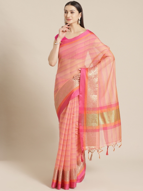 Mitera Pink Liva Striped Banarasi Saree