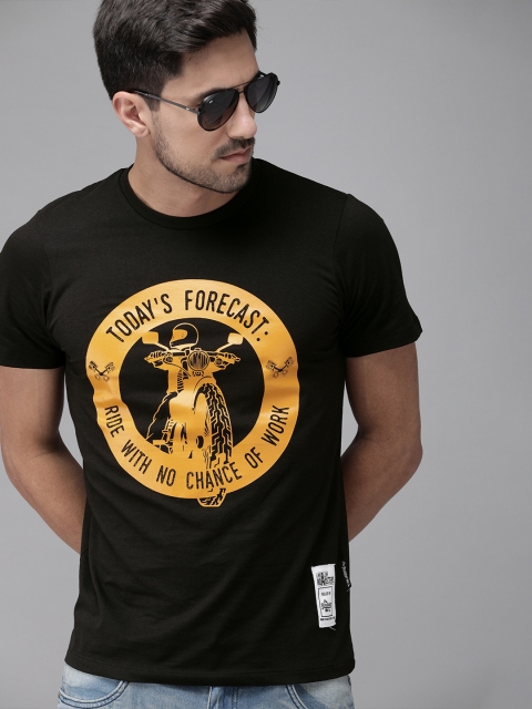 Roadster Men Black Printed Round Neck T-shirt