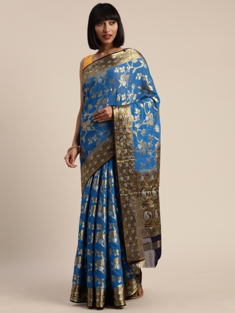 MIMOSA Blue & Gold-Coloured Poly Chiffon Woven Design Banarasi Saree