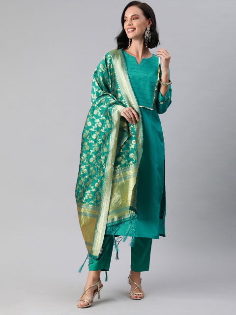Inddus Women Teal Green & Golden Tuck Yoke Design Sequinned Kurta with Trousers & Dupatta
Inddus Women Teal Green & Golden Tuck Yoke Design Sequinned Kurta with Trousers & Dupatta