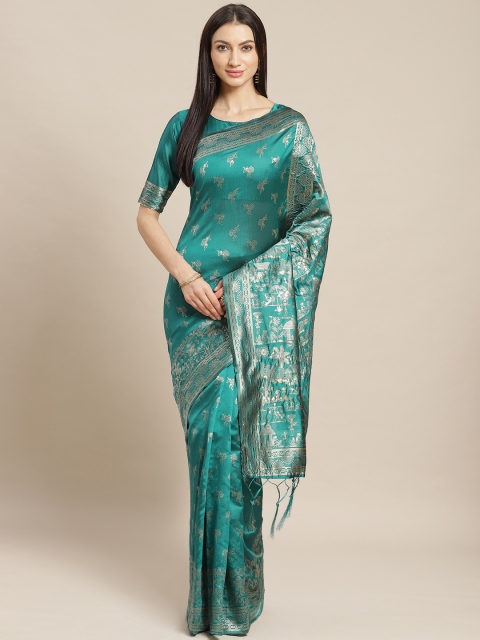 Saree mall Teal Green & Golden Warli Woven Design Banarasi Saree