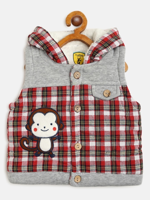 Lil Lollipop Kids Red & Grey Melange Checked Hooded Tailored Jacket